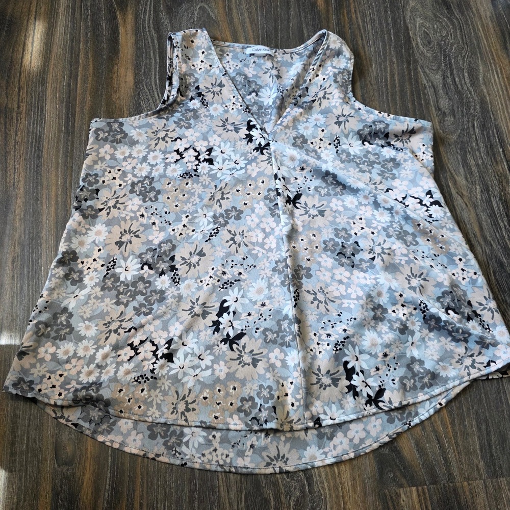 Calvin Klein Womens Large Floral V-Neck Sleeveless Blouse Blue Grey Pleated Top